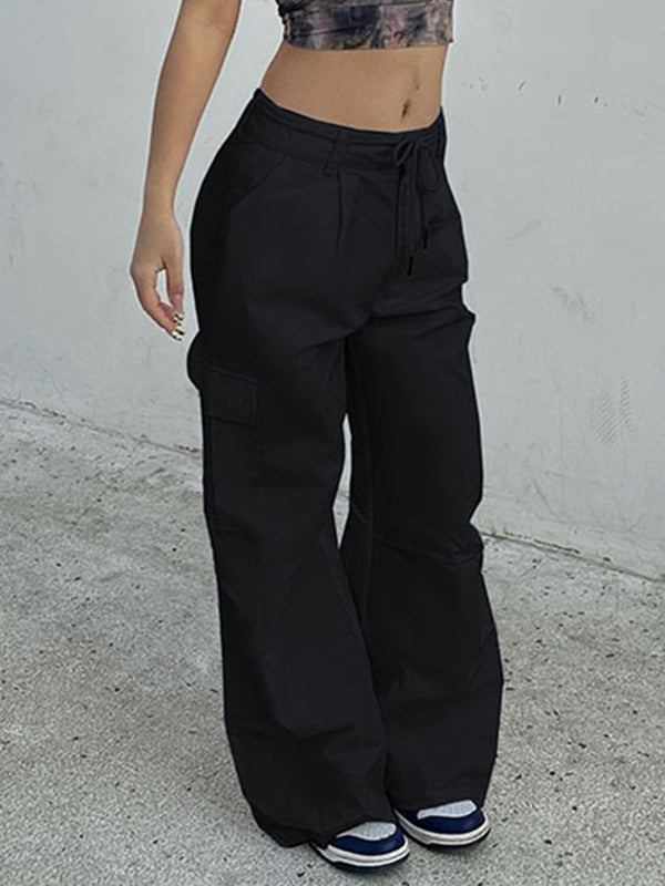 Loose Wide Leg Drawstring Pockets Solid Color Pants Trousers