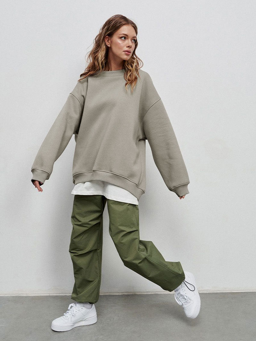 Round neck loose sweatshirt women's autumn winter Street solid color Oversize polar fleece pullover top
