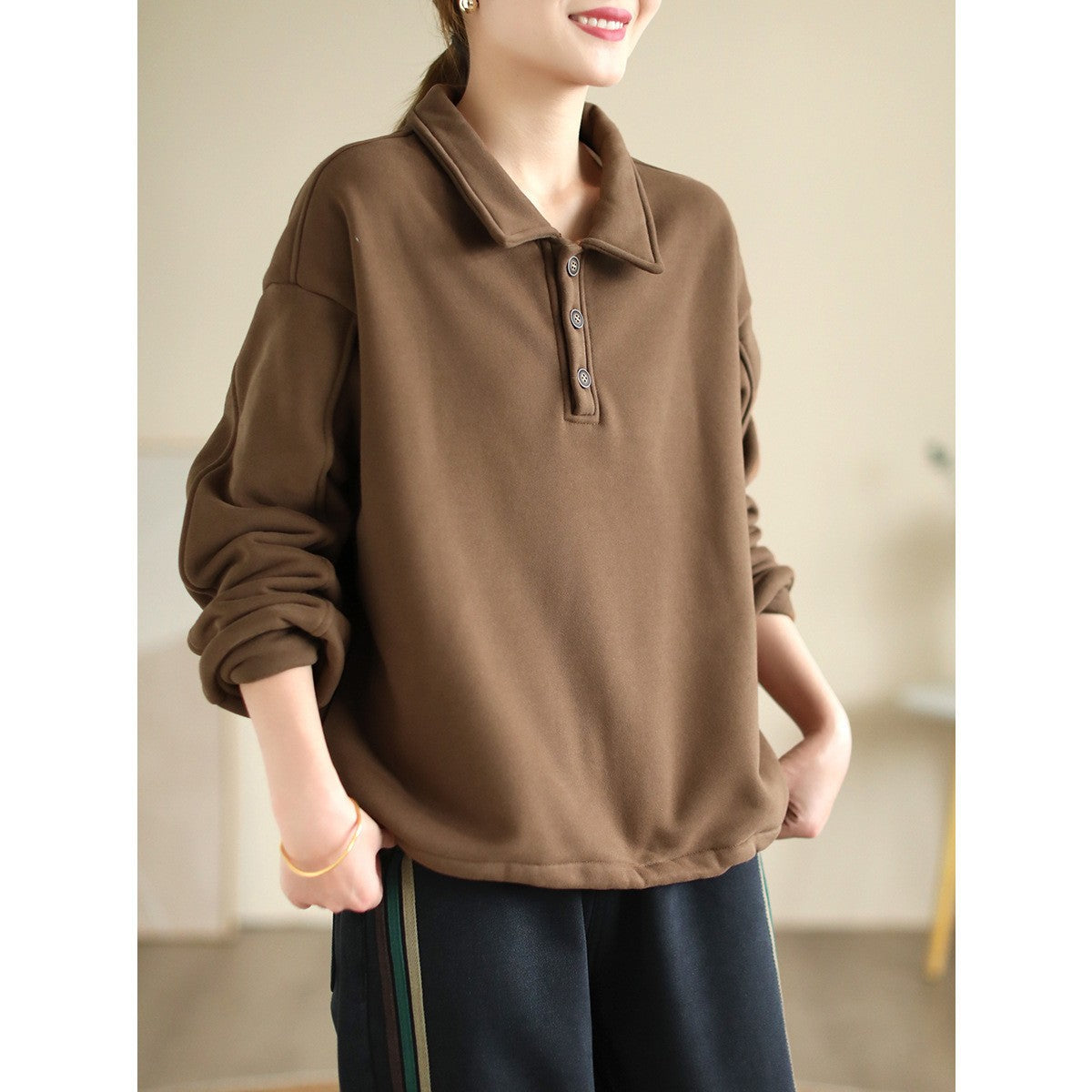 Literary Solid Color Cotton Long Sleeve Sweatshirt