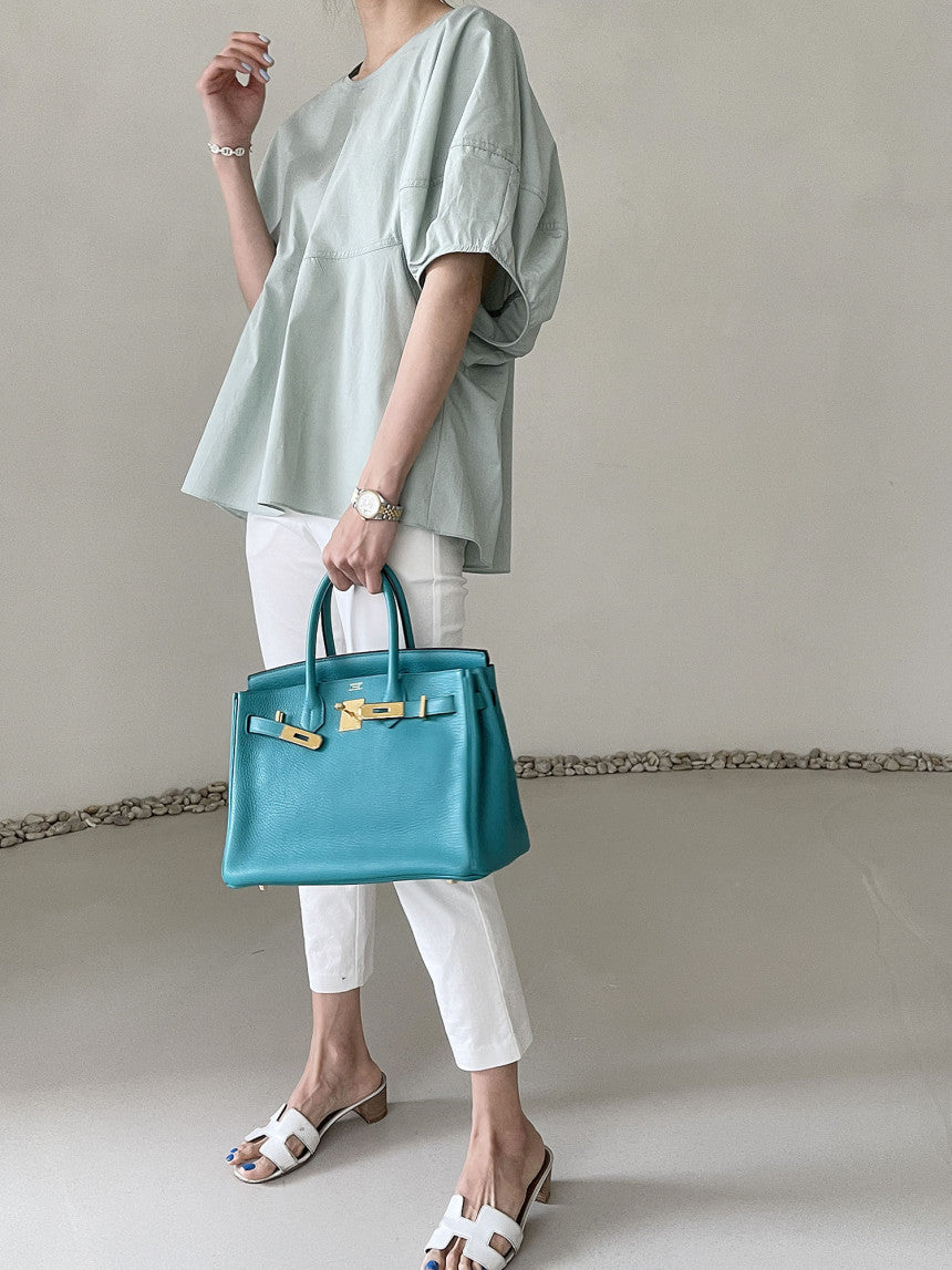 Elegant Round Neck Solid Color Loose Lantern Sleeve Shirt