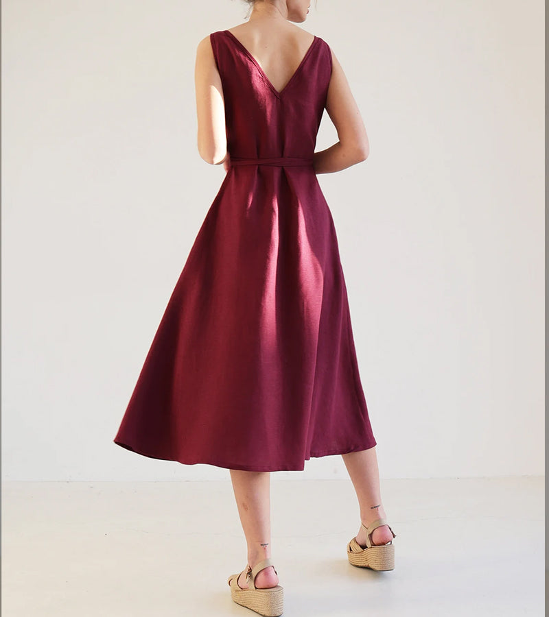 Burgundy Solid Color Linen Wrap Dress