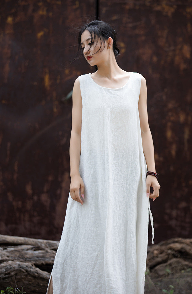 Simple Ramie Sleeveless Lace-up Midi Dress