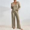 Ribbed Lounge Sets for Women 2 Piece Solid Color Ribbed Knit V Neck Long Sleeve Shirts and Wide Leg Long Pants Casual Travel Pajamas Lounge Set Loungewear Summer Outfits