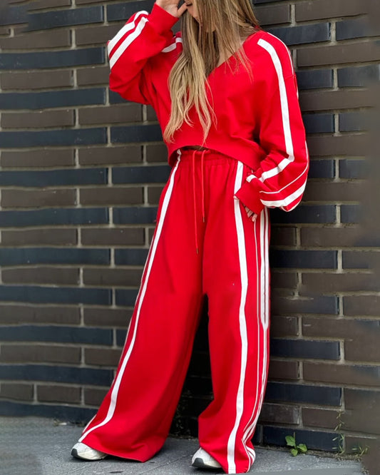 Casual V-Neck Striped Sweat & Wide Leg Pants Two-Piece Set