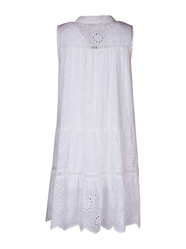 Loose Sleeveless Hollow Lace-Up Solid Color Round-neck Mini Dresses