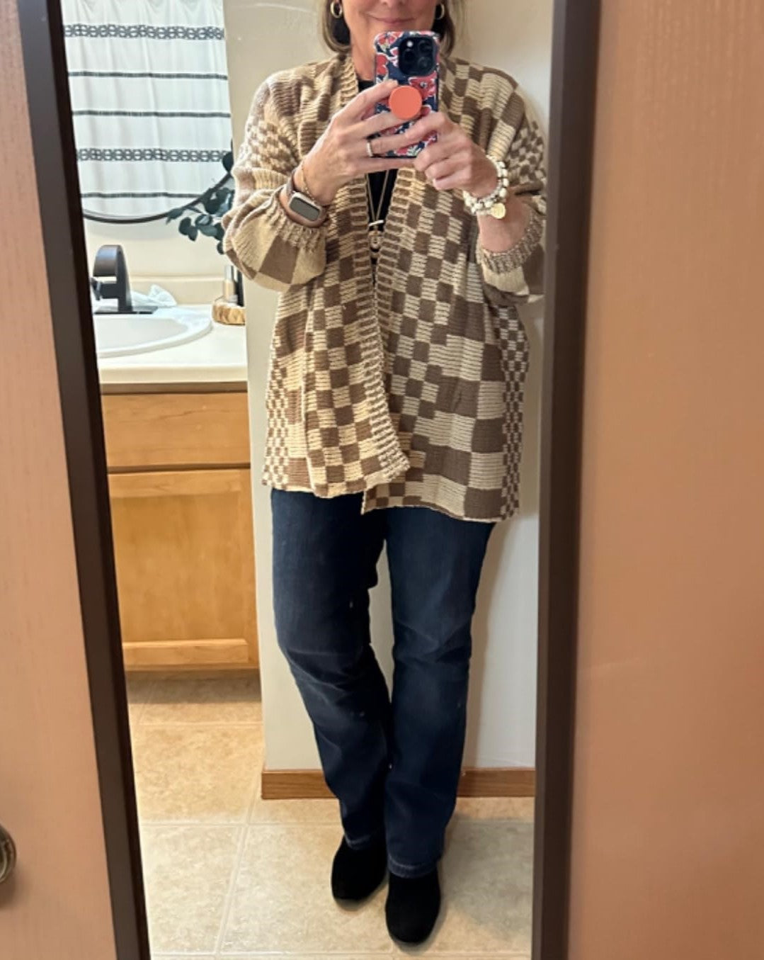 Oversized Knit Colorblock Checkered Cardigan Sweater【Buy 2 Free Shipping】