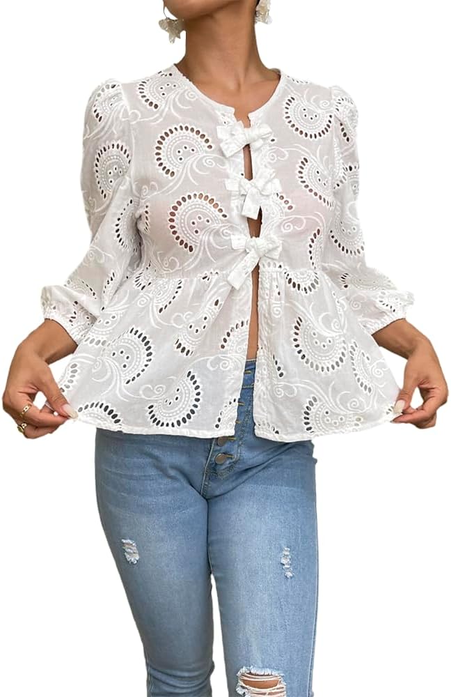 Women's Lace 3/4 Length Puff Sleeve Peplum Tops (Buy 2 Free Shipping)