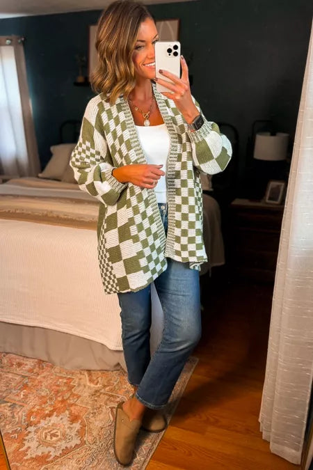Oversized Knit Colorblock Checkered Cardigan Sweater【Buy 2 Free Shipping】