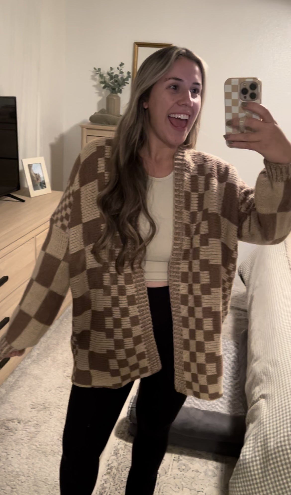 Oversized Knit Colorblock Checkered Cardigan Sweater【Buy 2 Free Shipping】