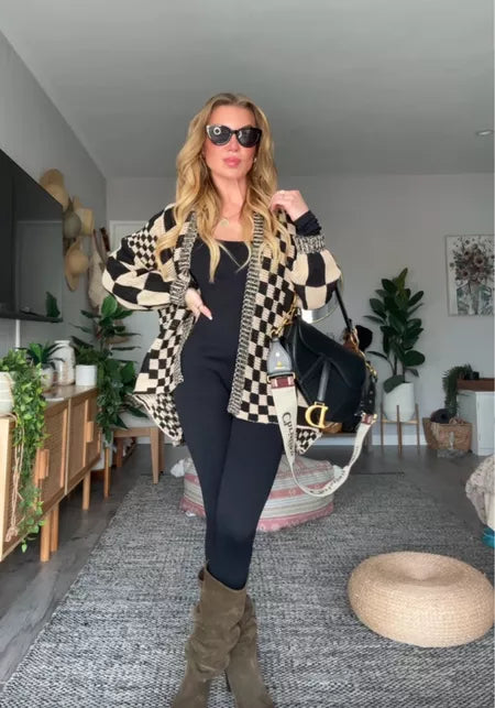 Oversized Knit Colorblock Checkered Cardigan Sweater【Buy 2 Free Shipping】