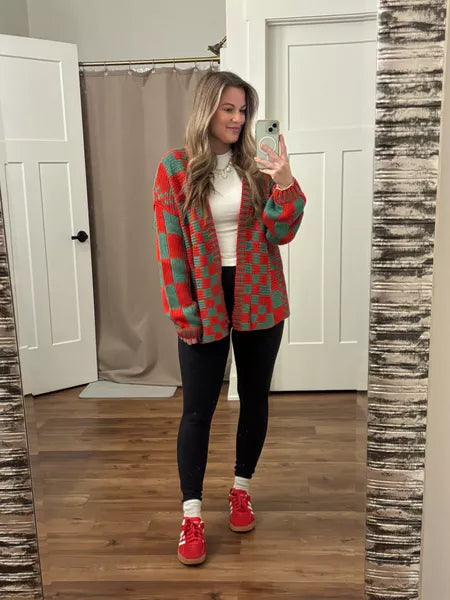 Oversized Knit Colorblock Checkered Cardigan Sweater【Buy 2 Free Shipping】