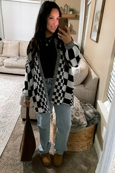 Oversized Knit Colorblock Checkered Cardigan Sweater【Buy 2 Free Shipping】