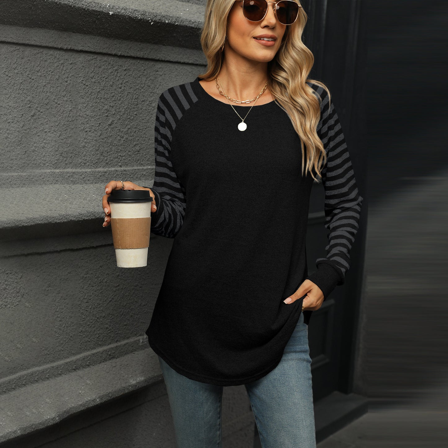 New contrast color striped patchwork round neck long-sleeved T-shirt dovetail top for women