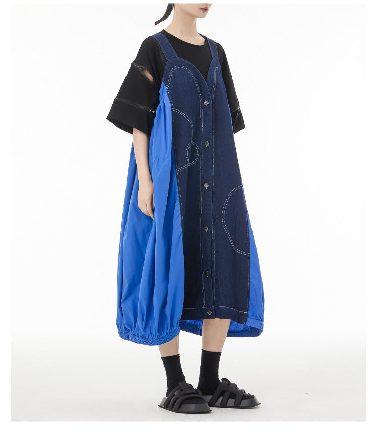 Vintage Splicing Denim Suspender Midi Dress