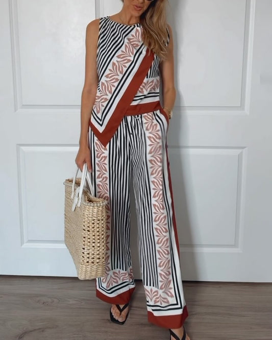 Fashionable Sparkle Printed Sleeveless Top & Pants Two-Piece Set