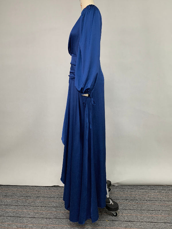 Look-Thin Pleated Solid Color V-Cut Long Sleeves Maxi Dresses