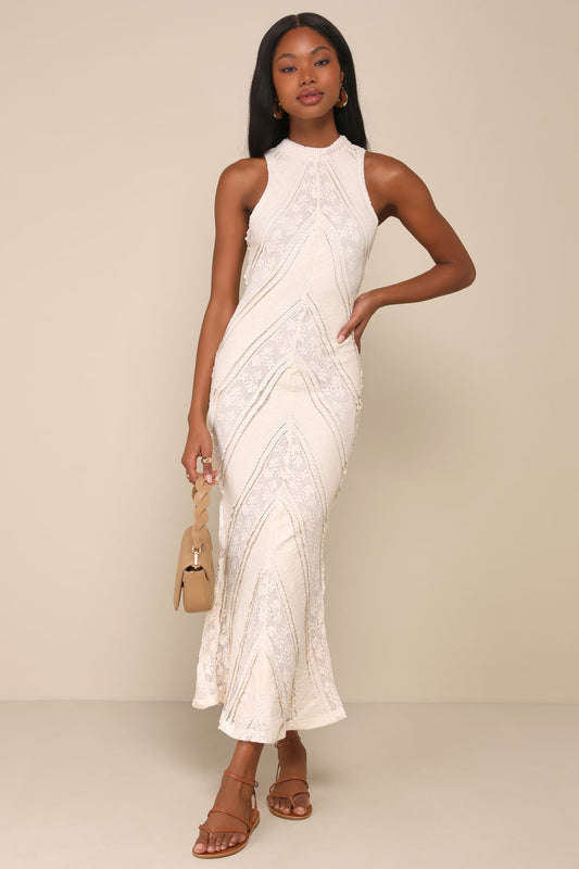 Women Lace Maxi Sleeveless Mock Neck Cutout Dress