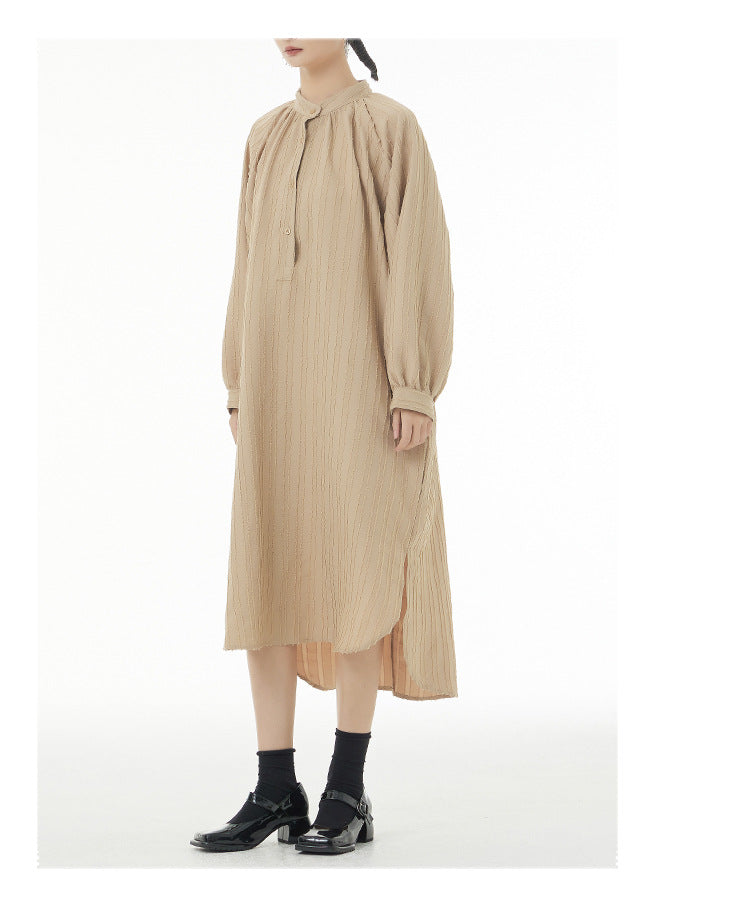 Asymmetric Striped Stand Collar Long Sleeve Midi Dress