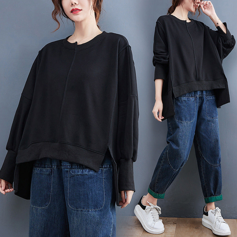 Asymmetric Solid Color Round Neck Long Sleeve Sweater
