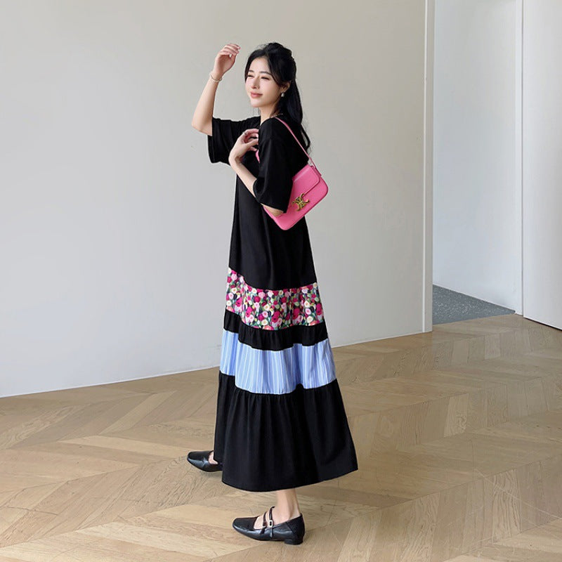 Literary Colorblocking Short Sleeve Midi Dress