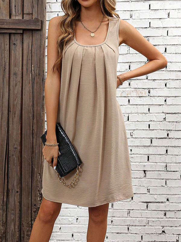 A-Line Loose Pleated Solid Color U-Neck Mini Dresses