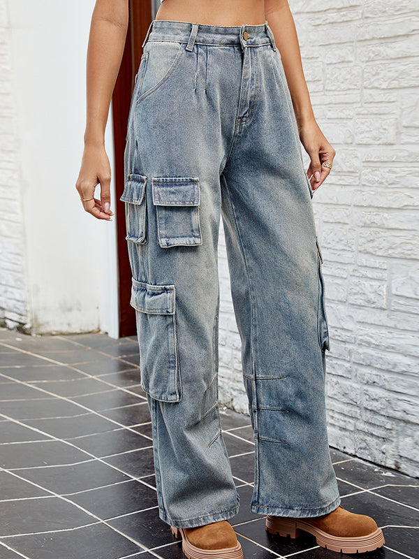 Loose Pleated Pockets Split-Joint Jean Pants Bottoms