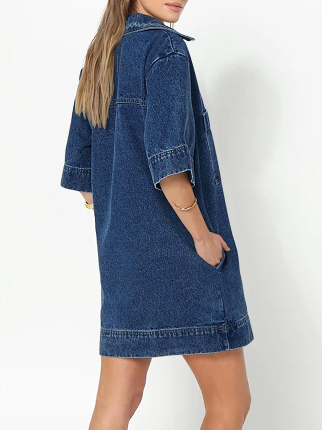 Collared V Neck Denim Shirt Dress (Buy 2 Free Shipping)
