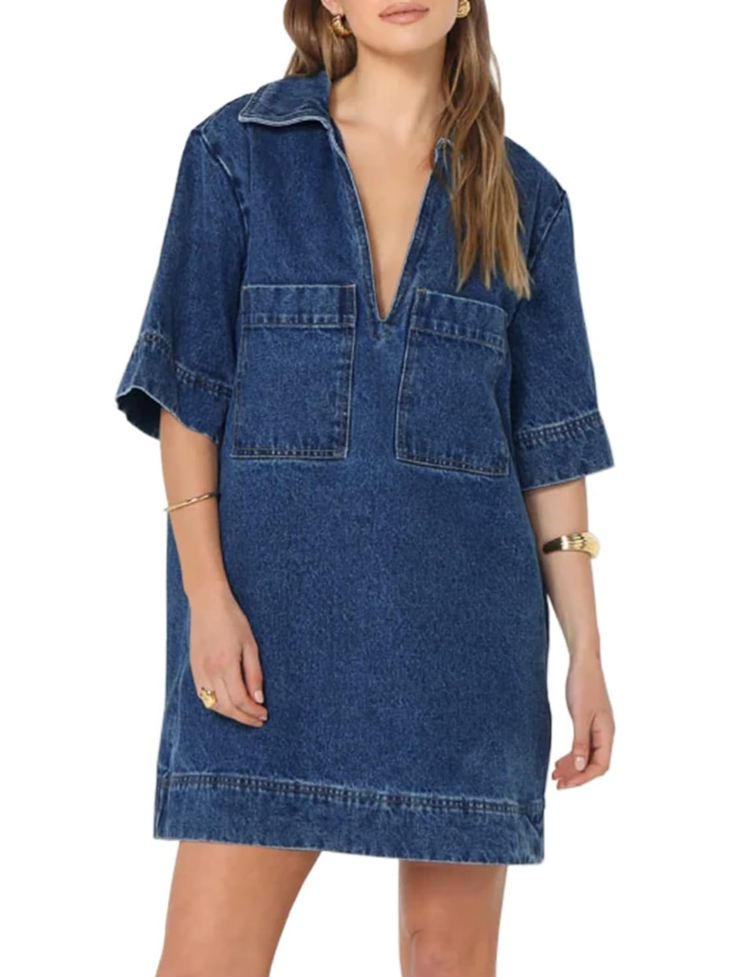 Collared V Neck Denim Shirt Dress (Buy 2 Free Shipping)