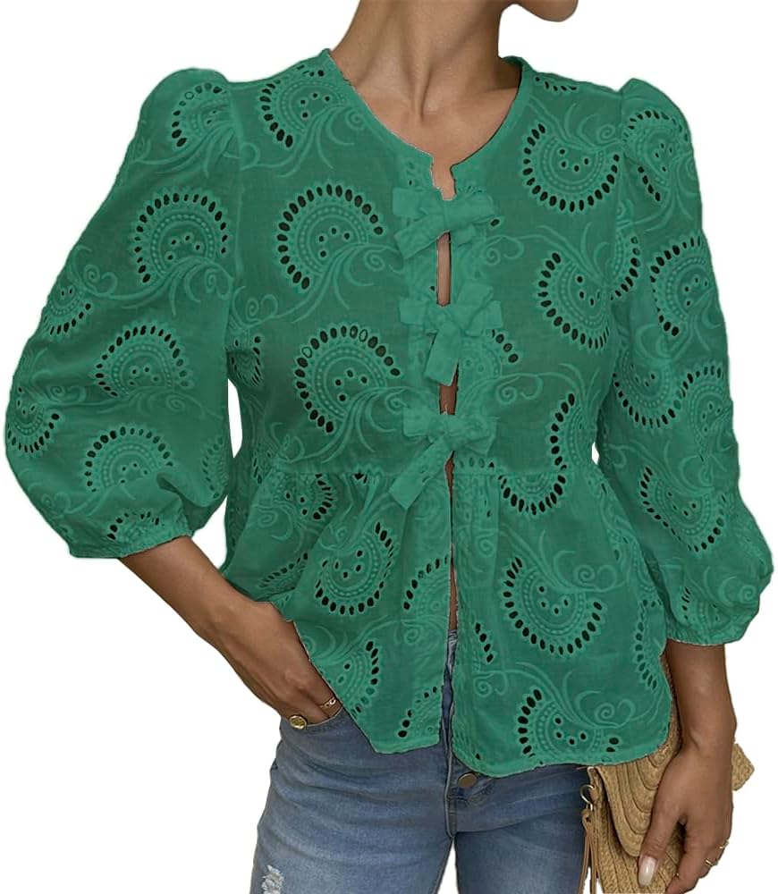 Women's Lace 3/4 Length Puff Sleeve Peplum Tops (Buy 2 Free Shipping)