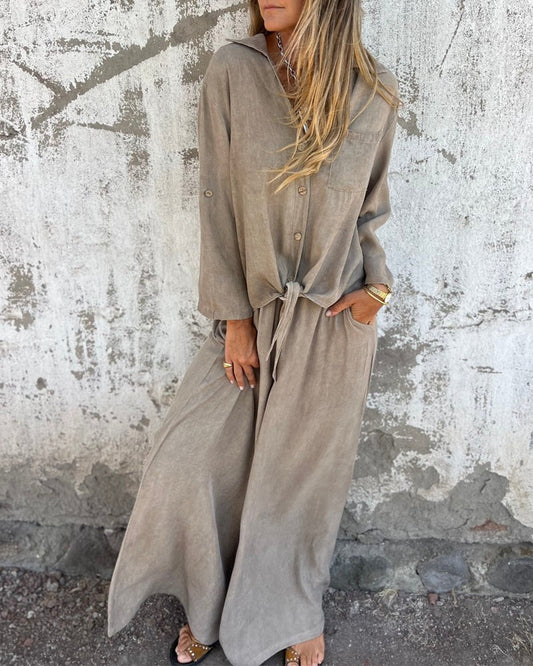 Casual Solid Shirt & Wide Leg Two-Piece Set