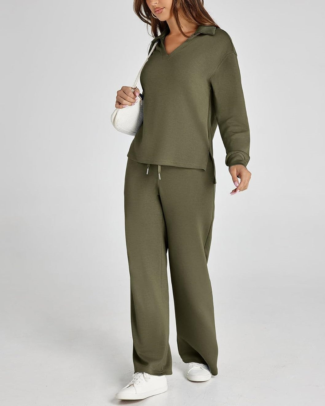 2025 Spring Women's Polo Shirt Long Sleeve and Wide Leg Pants Set (Buy 2 Free Shipping)