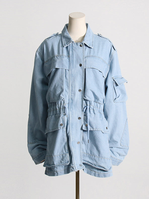 Long Sleeves Loose Buttoned Drawstring Pockets Split-Joint Lapel Outerwear