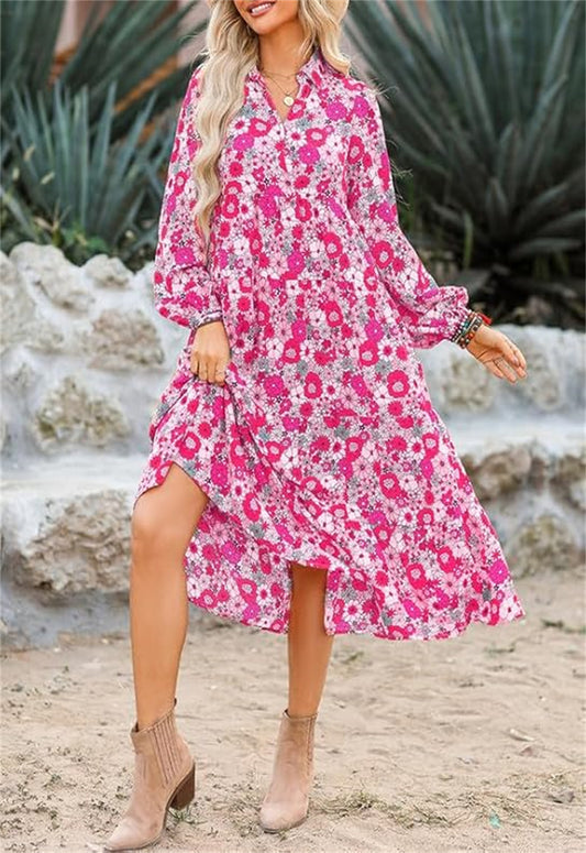 Women's V Neck Pleated Floral Print Dress With Pockets（Buy 2 Free Shipping）