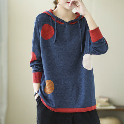 Retro Big Polka Dot Hooded Knit Sweatshirt