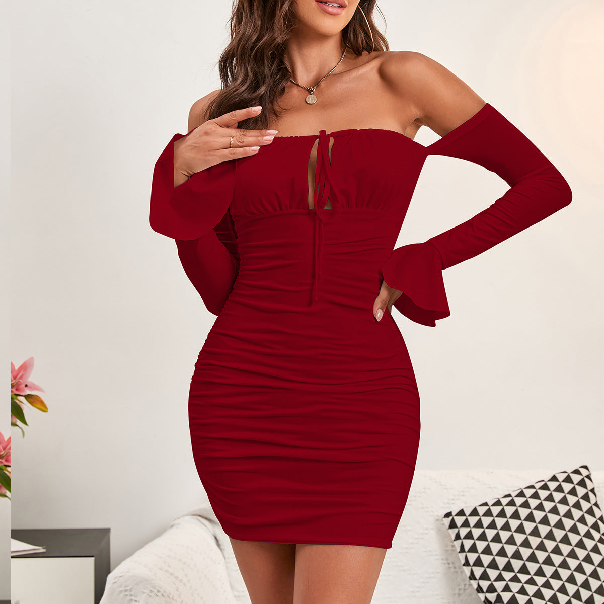 Women's lace-up off-shoulder long sleeve slim fit sheath sexy dress casual party