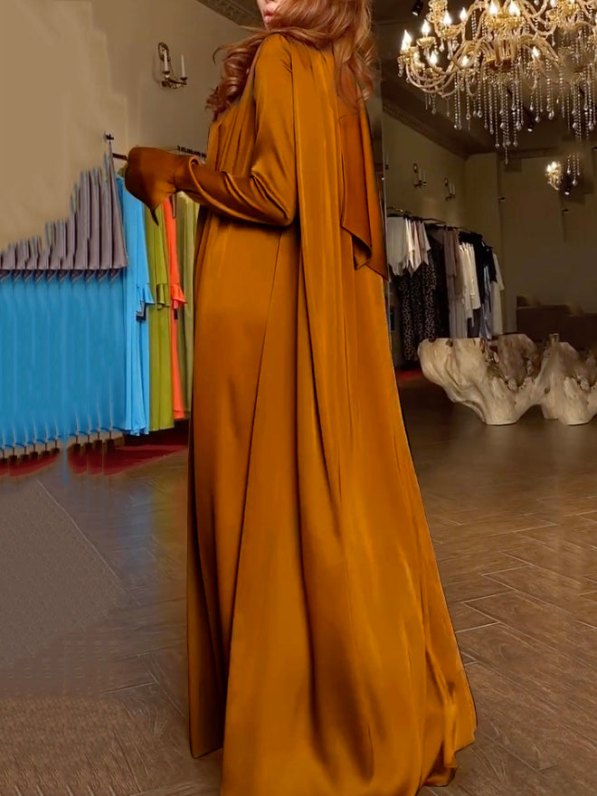 Flared Sleeves Long Sleeves Solid Color High-Neck Maxi Dresses