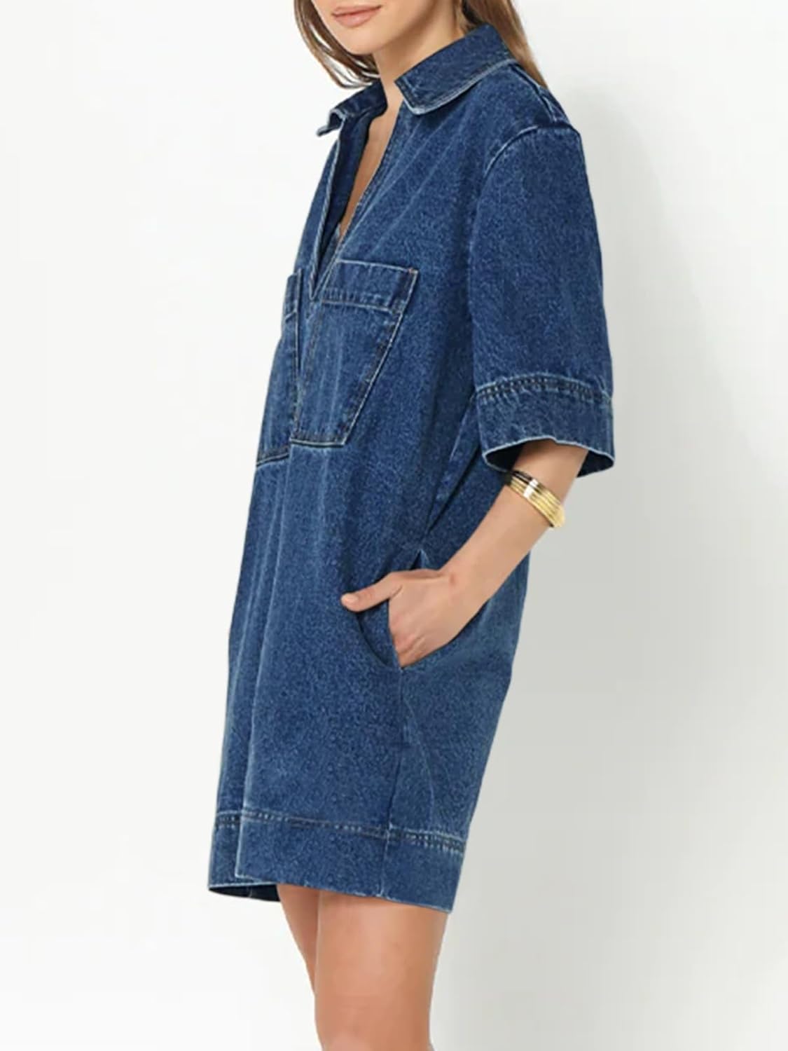 Collared V Neck Denim Shirt Dress (Buy 2 Free Shipping)