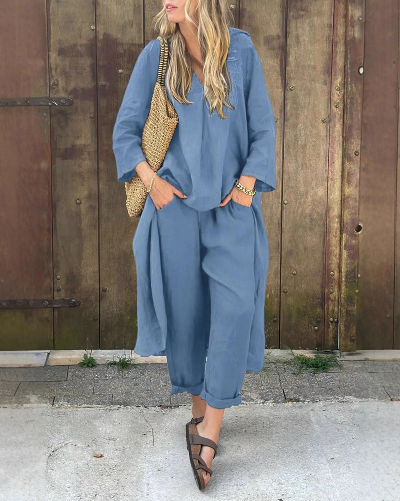 Solid Color Irregular Length Top & Pants Two-Piece Set