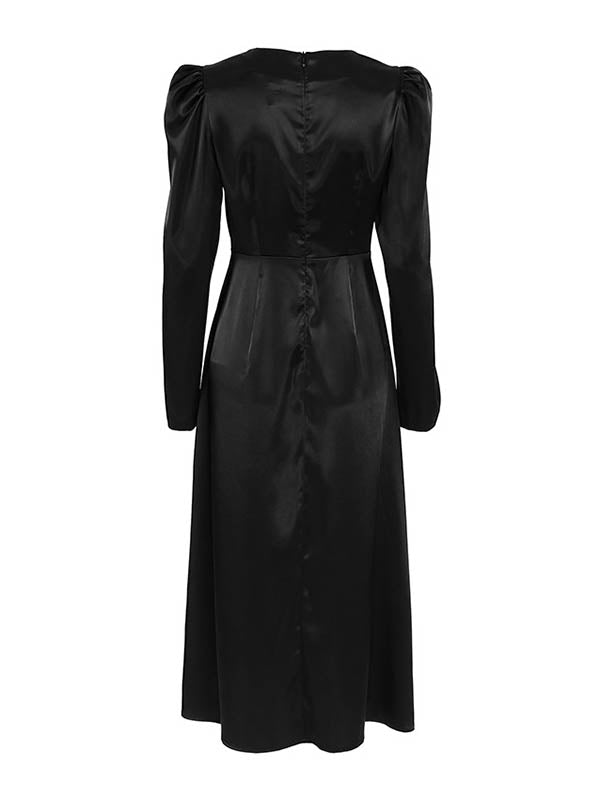 A-Line Long Sleeves Pleated Solid Color Zipper Round-Neck Midi Dresses