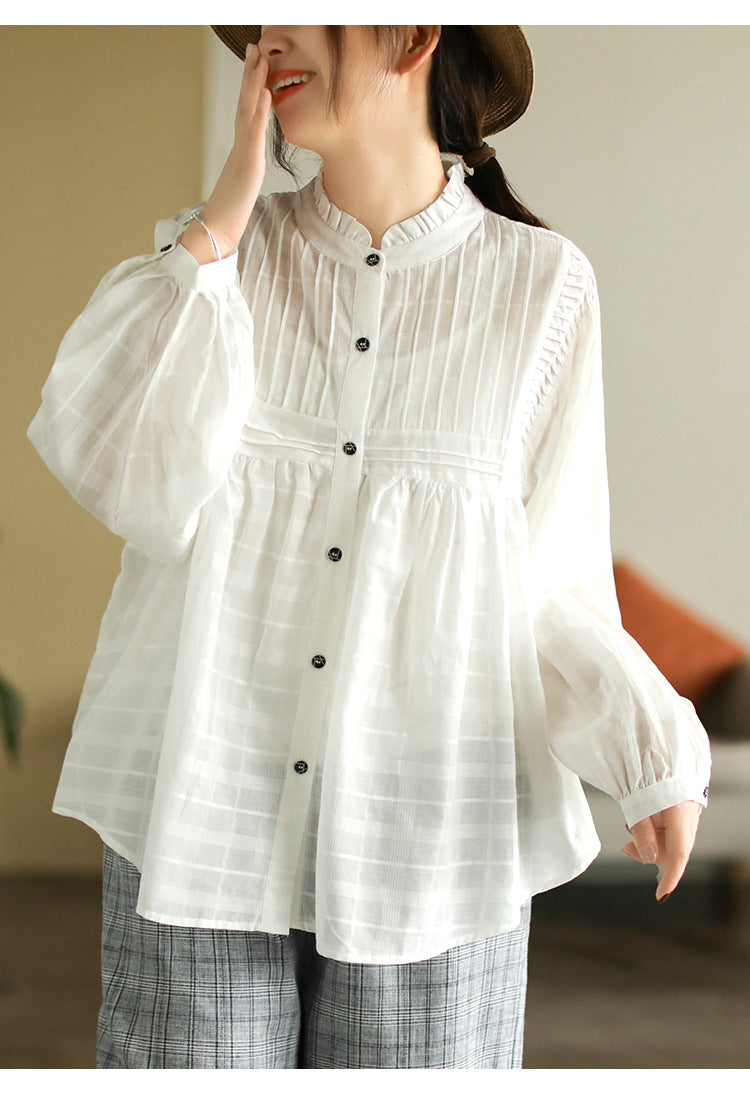 Literary Splicing Bubble Sleeve Cotton Shirt