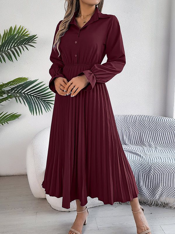 A-Line Flared Sleeves Buttoned Elasticity Pleated Solid Color Lapel Maxi Dresses