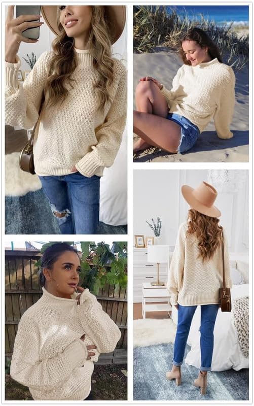 Womens 2024 Winter Fall Solid Turtleneck High Neck Balloon Long Sleeve Sweaters Pullover Outerwear
