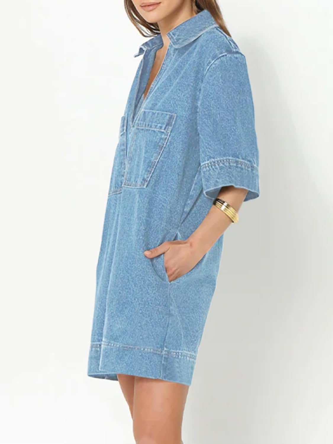 Collared V Neck Denim Shirt Dress (Buy 2 Free Shipping)
