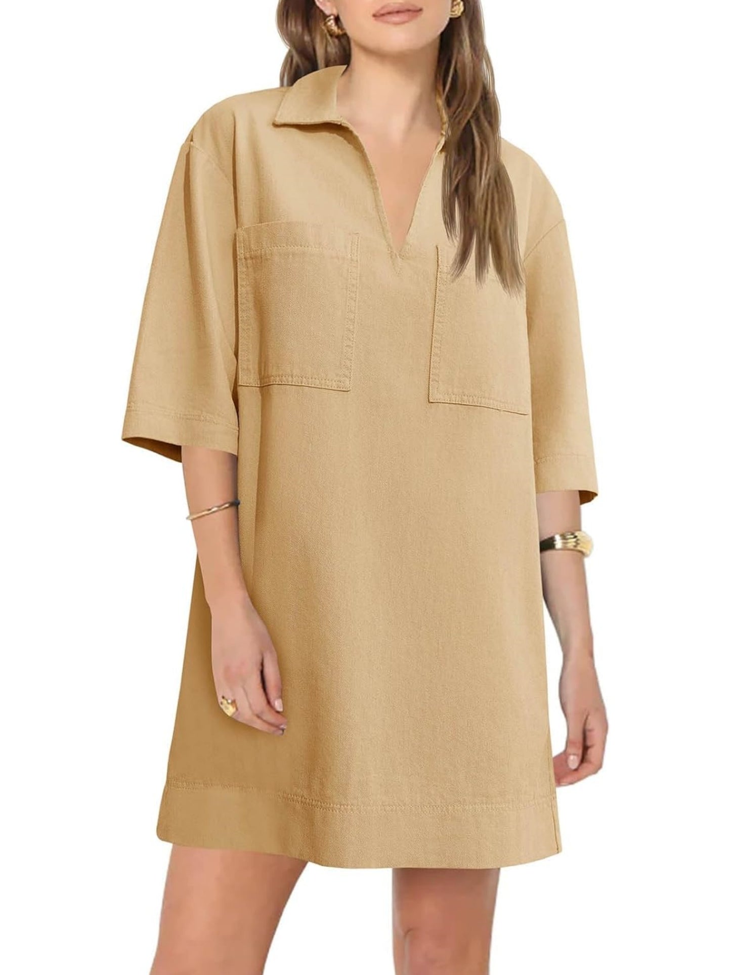 Collared V Neck Denim Shirt Dress (Buy 2 Free Shipping)