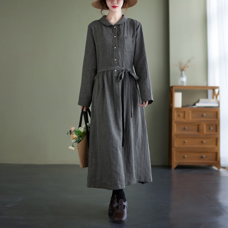 Retro Solid Color Long Sleeve Maxi Dress