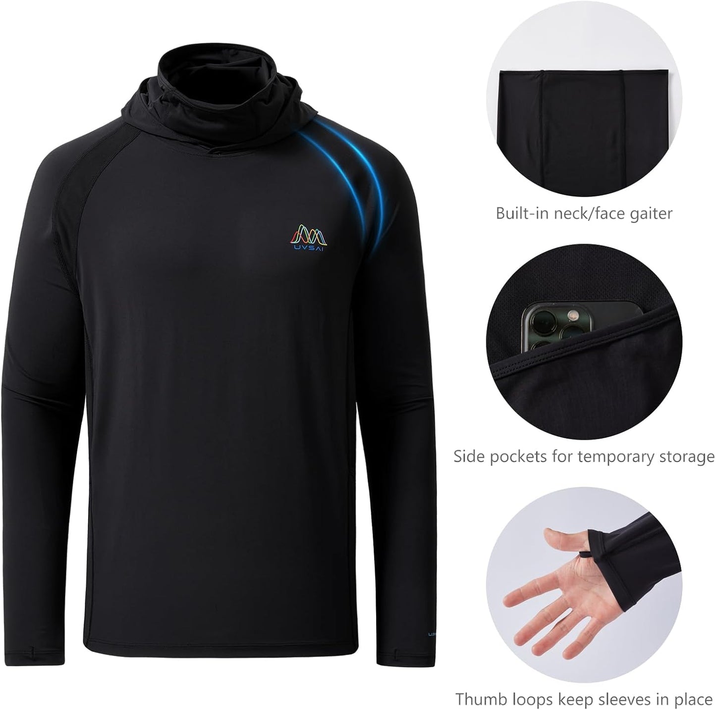 Men's UPF 50+ Hoodie Shirt with Mask Long Sleeve Permanent UV Sun Protection Neck Gaiter Performance T for Outdoor