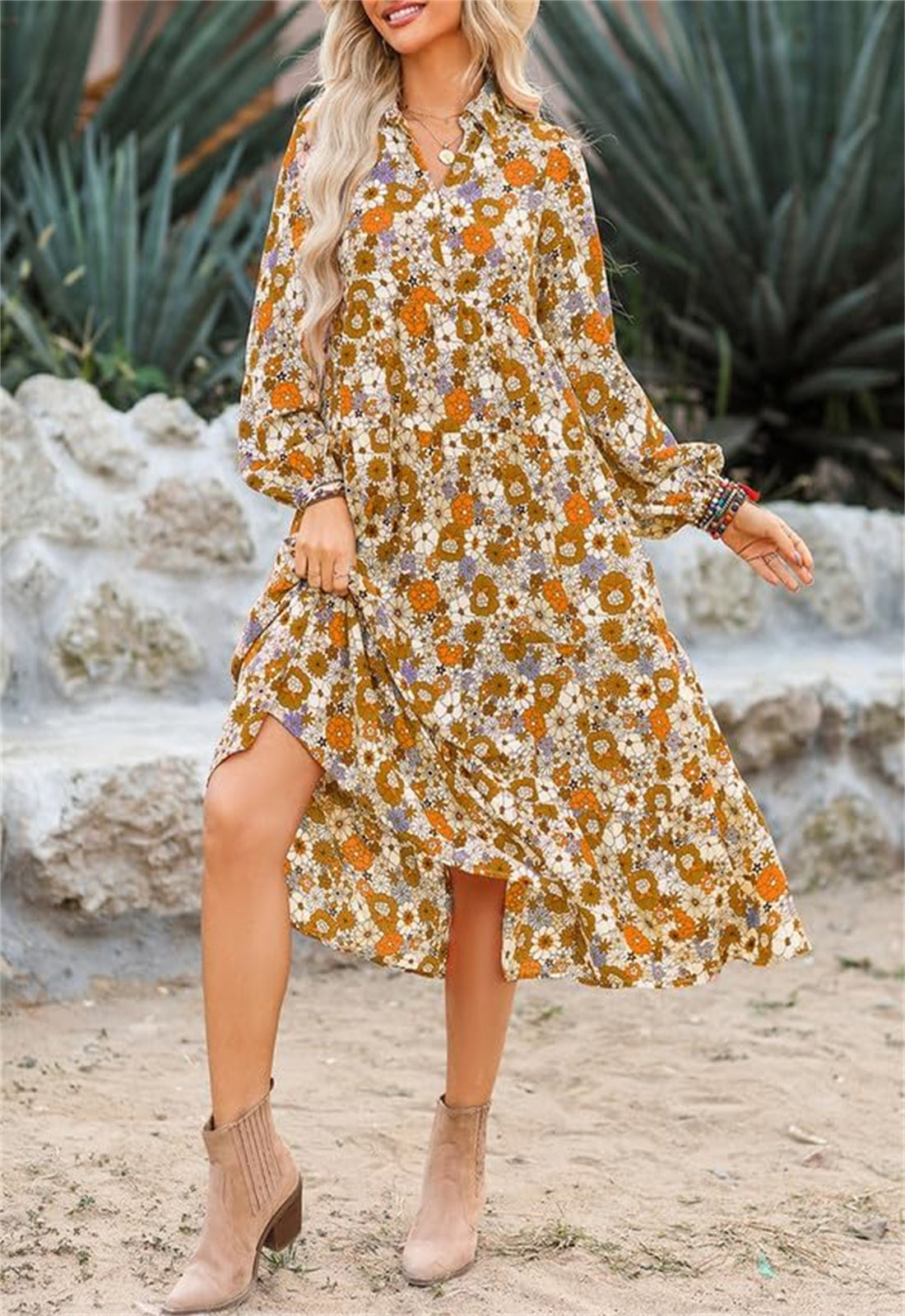 Women's V Neck Pleated Floral Print Dress With Pockets（Buy 2 Free Shipping）