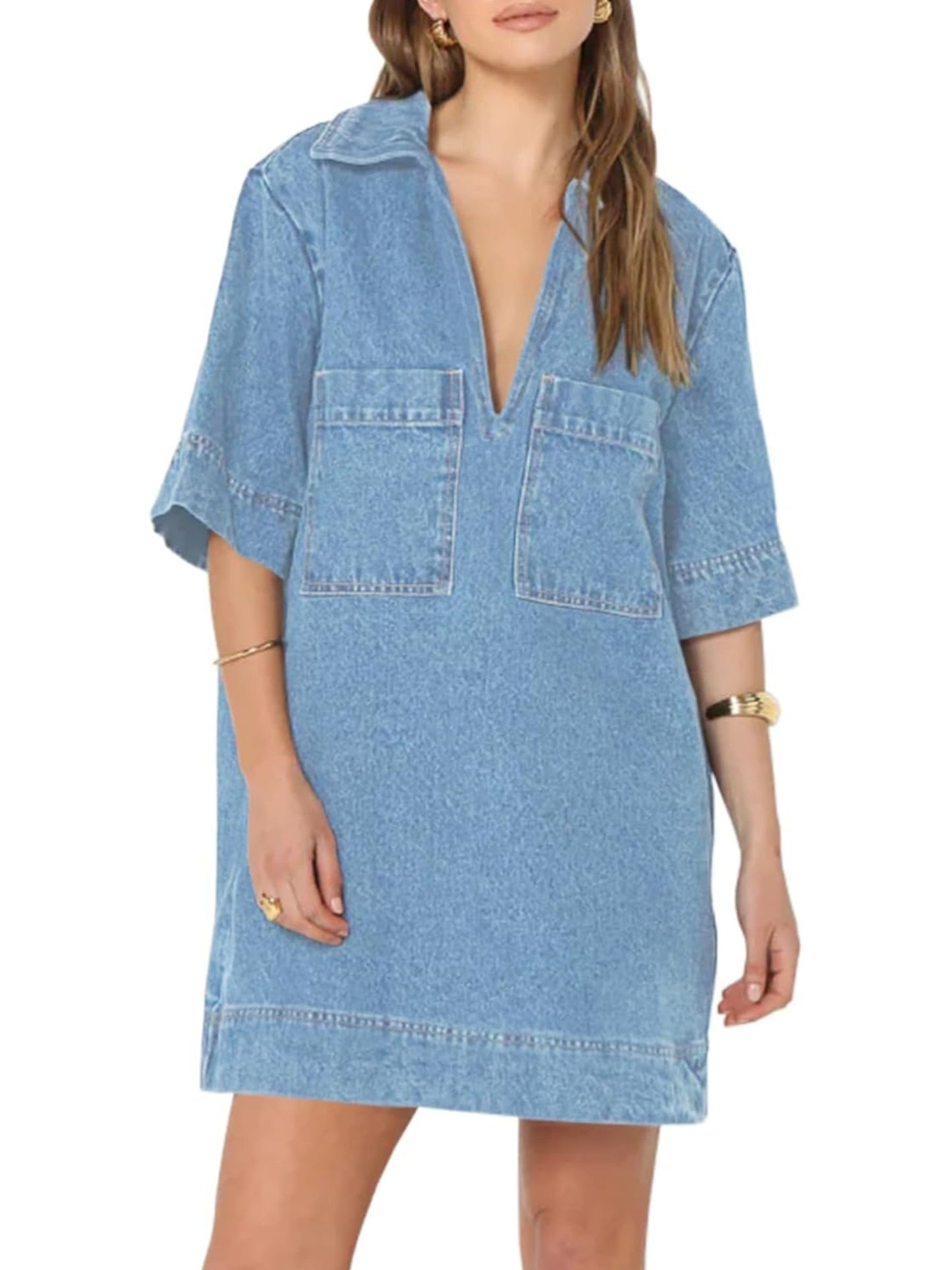 Collared V Neck Denim Shirt Dress (Buy 2 Free Shipping)
