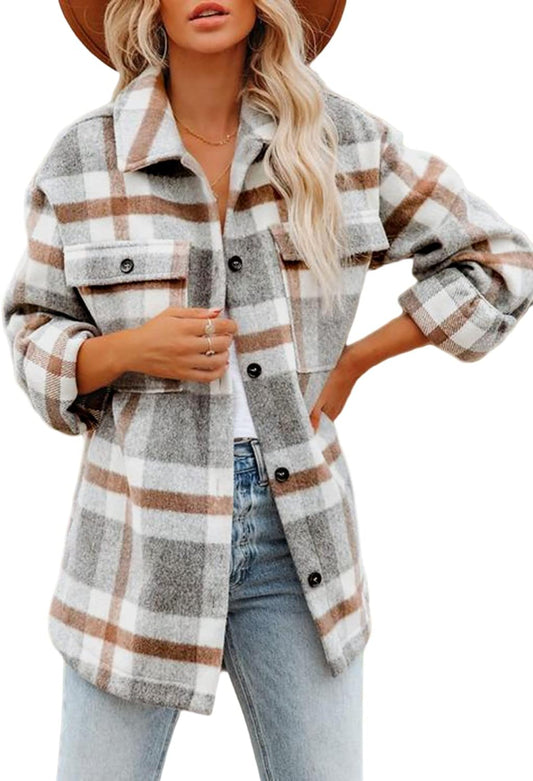 Women's Flannel Plaid Shacket Long Sleeve Button Down Shirts Jacket Coats with Side Pockets