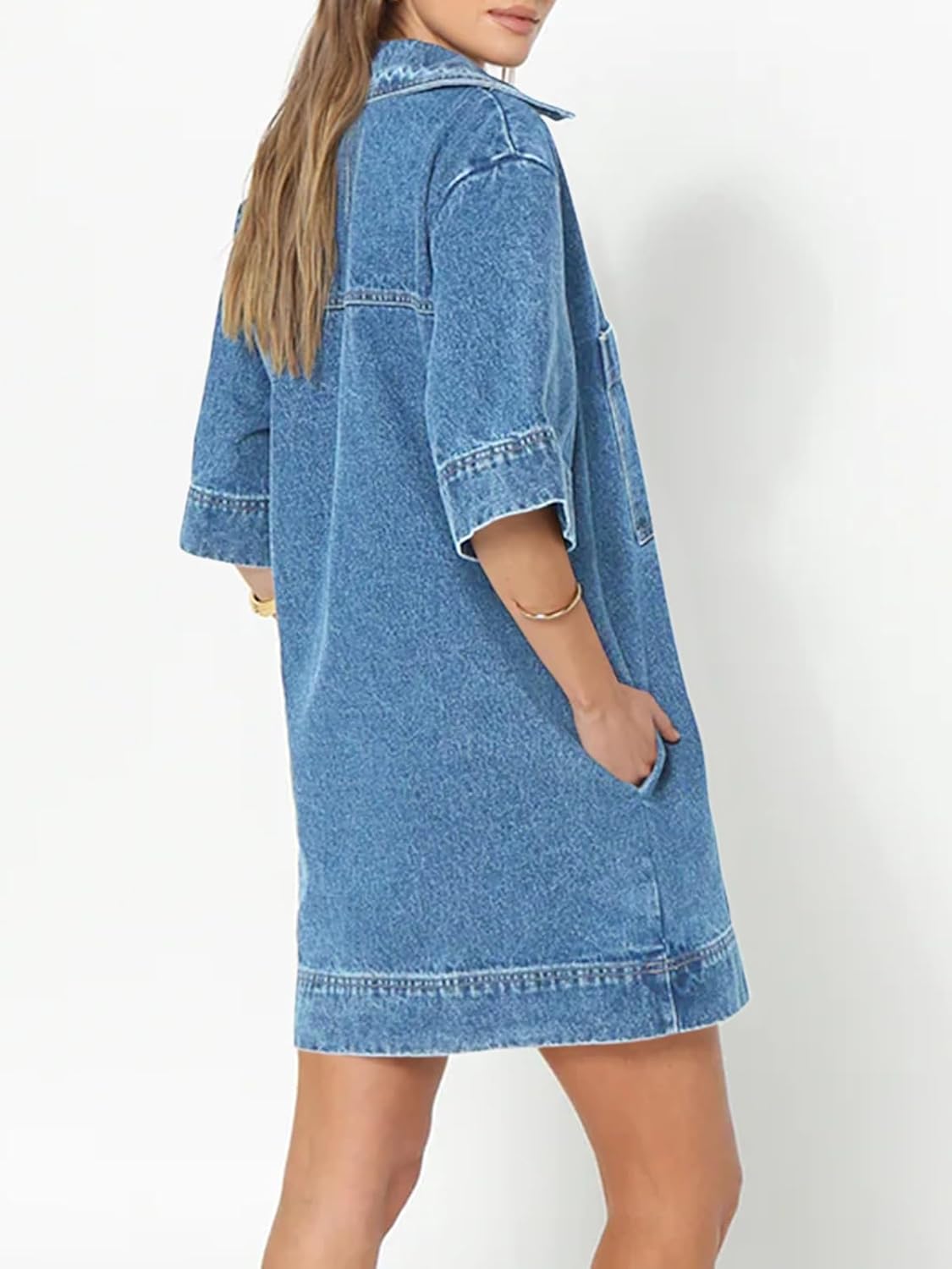 Collared V Neck Denim Shirt Dress (Buy 2 Free Shipping)